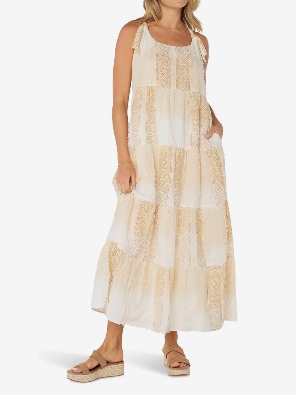 Liverpool Tie Strap Tiered Dress cream lagen look gauzy beach boho fringe sz S